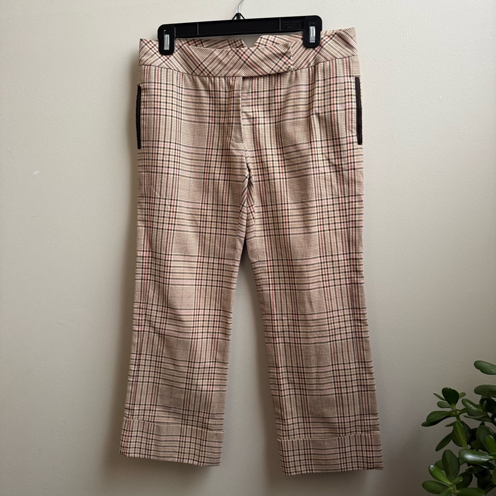 Diane Von Furstenberg Brown Plaid Wide Leg cuffed Capris pants Size 4